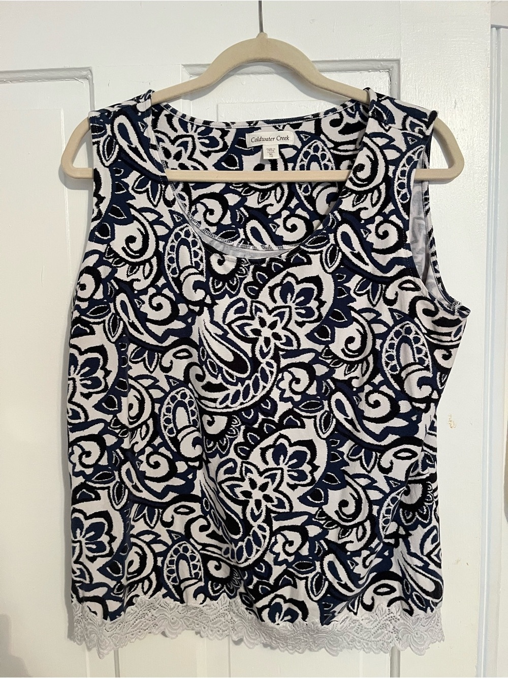 Coldwater Creek Navy and White Paisley Lace-Trim Sleeveless Top